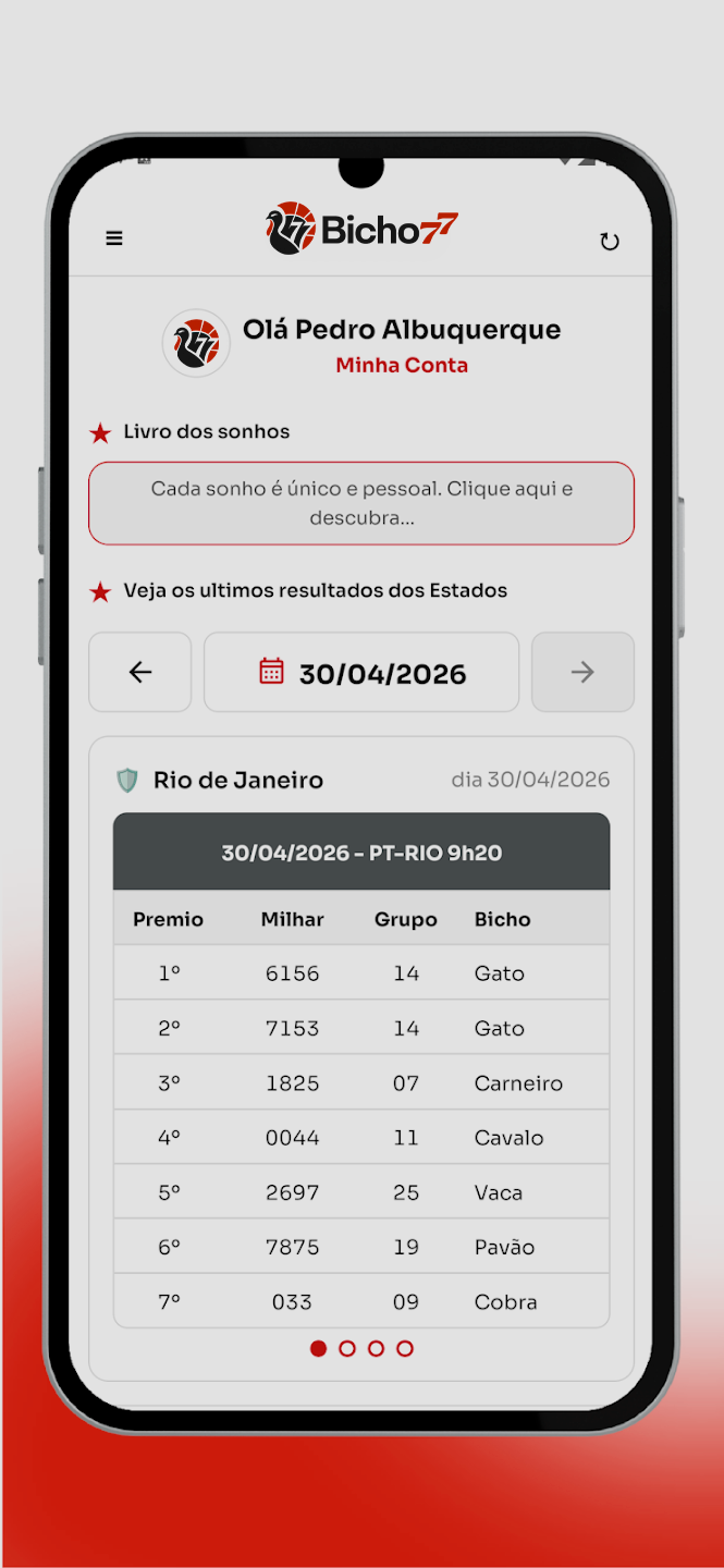 Tela inicial com os resultados de hoje